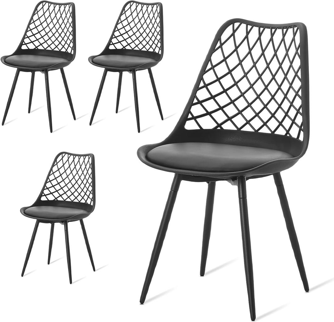 Set of 4 Modern Dining Chairs - Plastic Kitchen Shell Chairs with PU Leather Cushion Padded Seat - Mesh Design Side Chair for Indoor/Outdoor Dining Room Living Room Cafe Restaurant and Office -Black