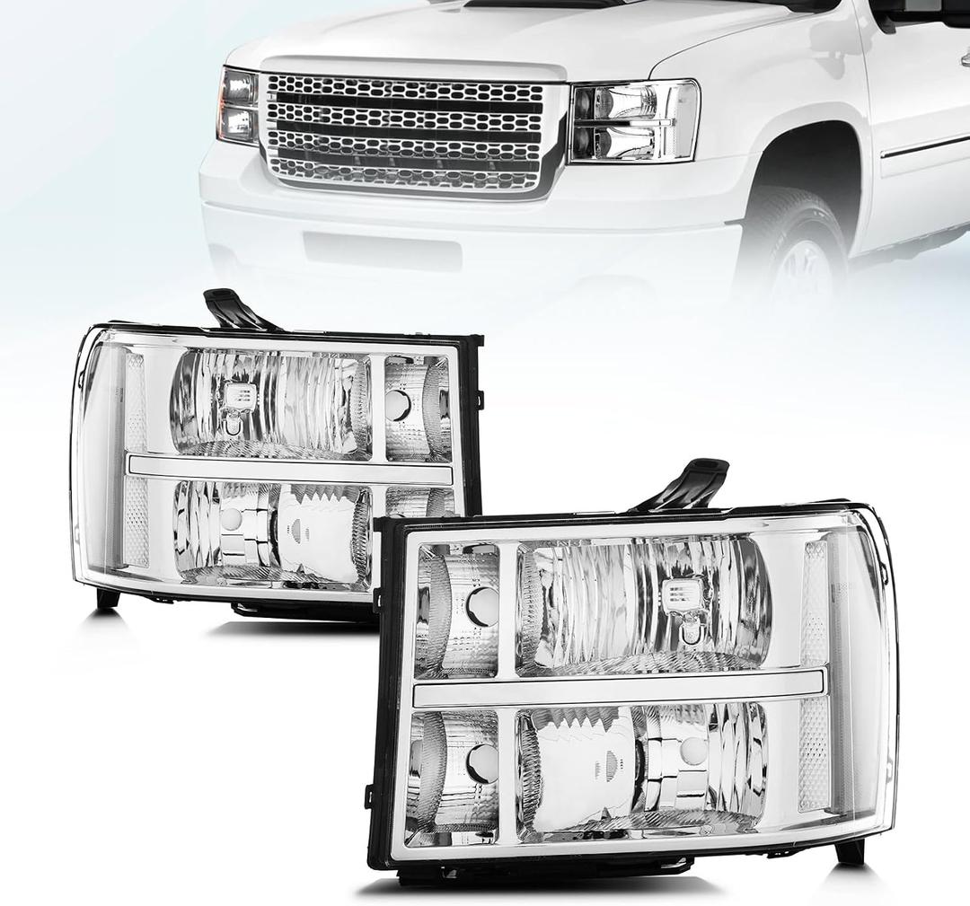Headlight Assembly For 2007-2013 Gmc Sierra 1500/2007-2014 Gmc Sierra 2500, 3500, Driver & Passenger Side, Chrome Housing, Driver & Passenger Side (No Bulbs)