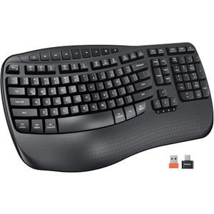 MEETION Wireless Ergonomic Keyboard, Wave Keys Firm Wrist Rest for Natural Typing, 2.4G USB-A Cordless Receiver and USB-C Adapter, Ergo Computer Keyboard Compatible with Windows/Mac/PC/Laptop, Black (Black (Size: 17.39*9.43*1.81in))
