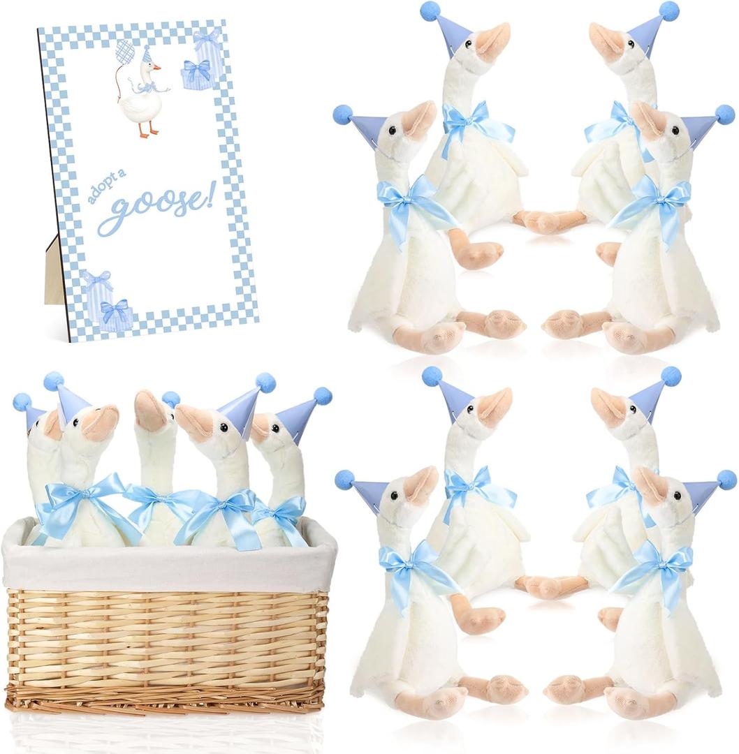 Blueweenly 8 Sets One Silly Goose Birthday Decoration 15.7 Inch Soft Silly Goose Stuffed Animal Hat with Wood Table Decor for Birthday Party Decoration, Blue, Goose