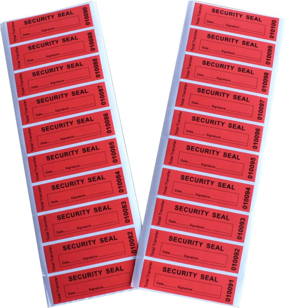 100pcs 100% Total Transfer Tamper Evident Security Stickers/Labels/Seals (Red, 1 x 3.35 Inches, Serial Numbers)