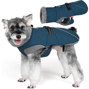 KYEESE Waterproof Dog Coat, Windproof Warm Winter Jacket with Thick Fleece Lined, Turtleneck Dog Coats for Small Dogs with Leash Hole, Reflective Outdoor Cold Weather Coat, Navy Blue, Medium