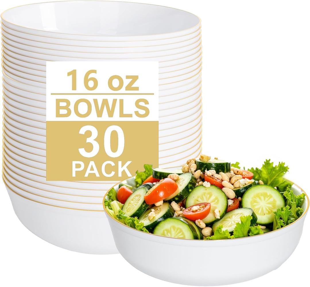 I00000 30 Pack White Plastic Bowls with Gold Rim,16 oz Disposable Soup Bowls,Premium Heavy Plastic Serving Bowls Ideal for Salad, Soup,Noodles I00000 30 Pack White Plastic Bowls with Gold Rim,16 oz Disposable Soup Bowls,Premium Heavy Plastic Serving Bowls Ideal for Salad, Soup,Noodles