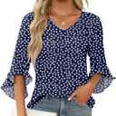 Qirno Chiffon Blouses for Women Ruffle 3/4 Sleeve Dressy V Neck Casual Flowy Tunic Tops (Large)