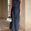 PRETTYGARDEN Women's 2026 Summer Satin Dress Elegant Sleeveless Mock Neck Cocktail Party Maxi Dresses (Dark Navy)