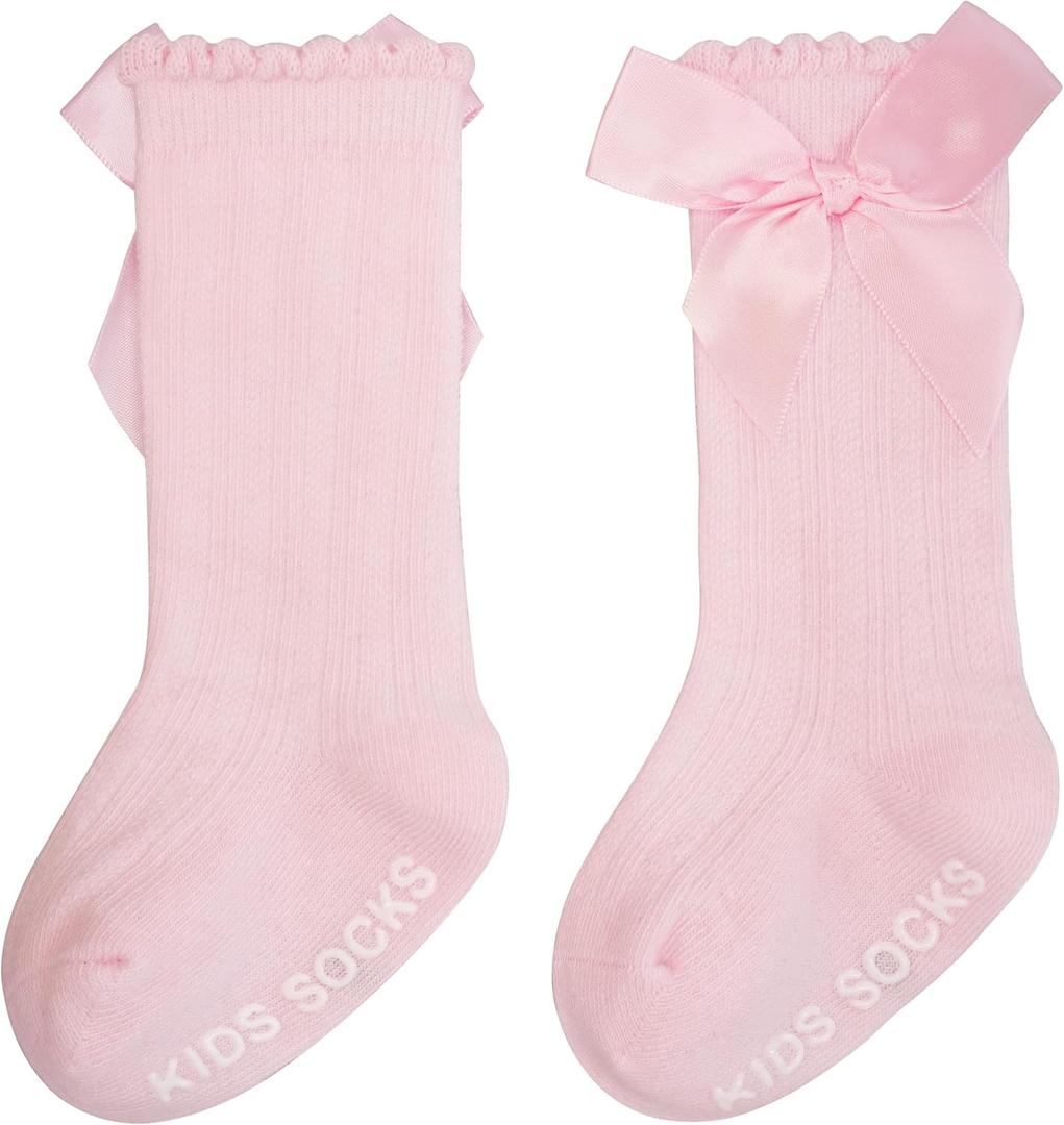 Baby Knee High Socks Girl Non Slip Toddler Stockings Cotton Bow Ruffle Newborn Long Socks Infant Dress Sock 0-6M/6-12M/1-3Y (Pink)
