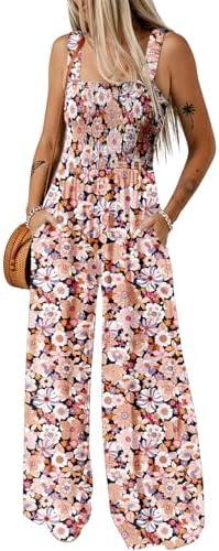 Dokotoo Women's Casual Loose Overalls Jumpsuits One Piece Sleeveless Printed Wide Leg Long Pant Rompers With Pockets, XL