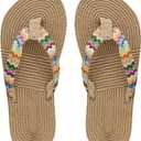Women's Boho Tribal Braid Flip Flops Boho Thong Sandals Vacation Beach Slide Slippers (6.5, Multicolor)