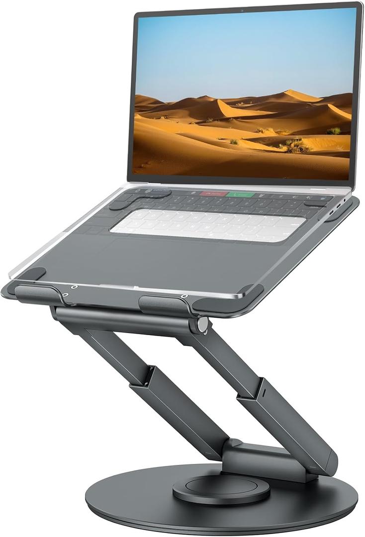 tounee Telescopic Laptop Stand for Desk with 360 Swivel Base, Sit to Stand, Height Adjustable, Portable Riser Holder for Good Posture, Compatible with MacBook Pro, All Laptops 10-17"-Gray