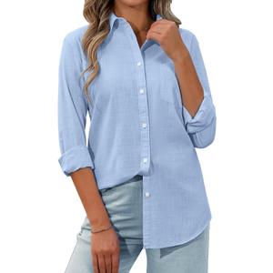 siliteelon Womens Button Down Shirt Linen Button Up Shirts for Women Long Sleeve Summer Shirt Collared Blouse Linen Tops (Medium, All Blue)