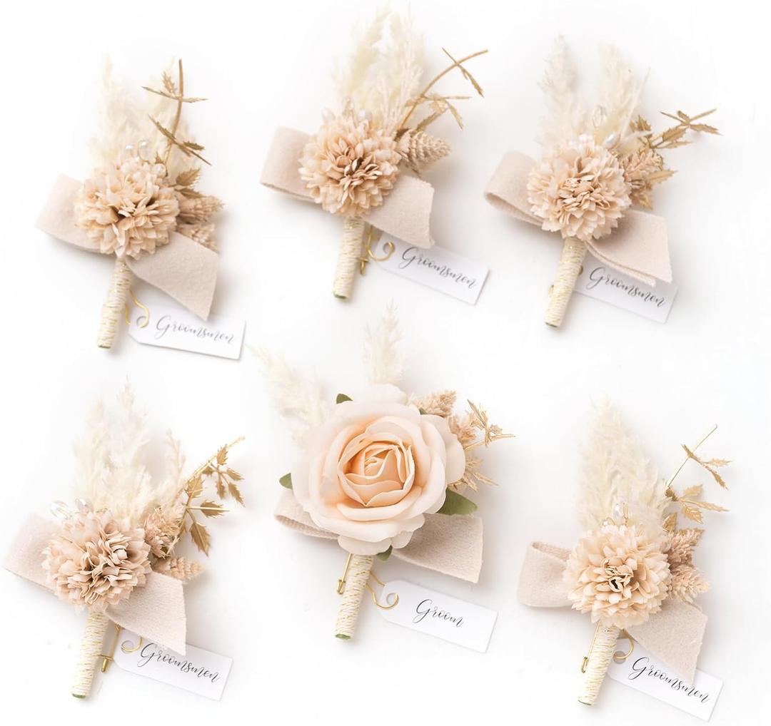 Ling's Moment Boutonniere for Men, 6pcs Groom Groomsmen Boutonniere, Artificial Flowers for Wedding Decor/Prom/Homecoming, etc. White Nude