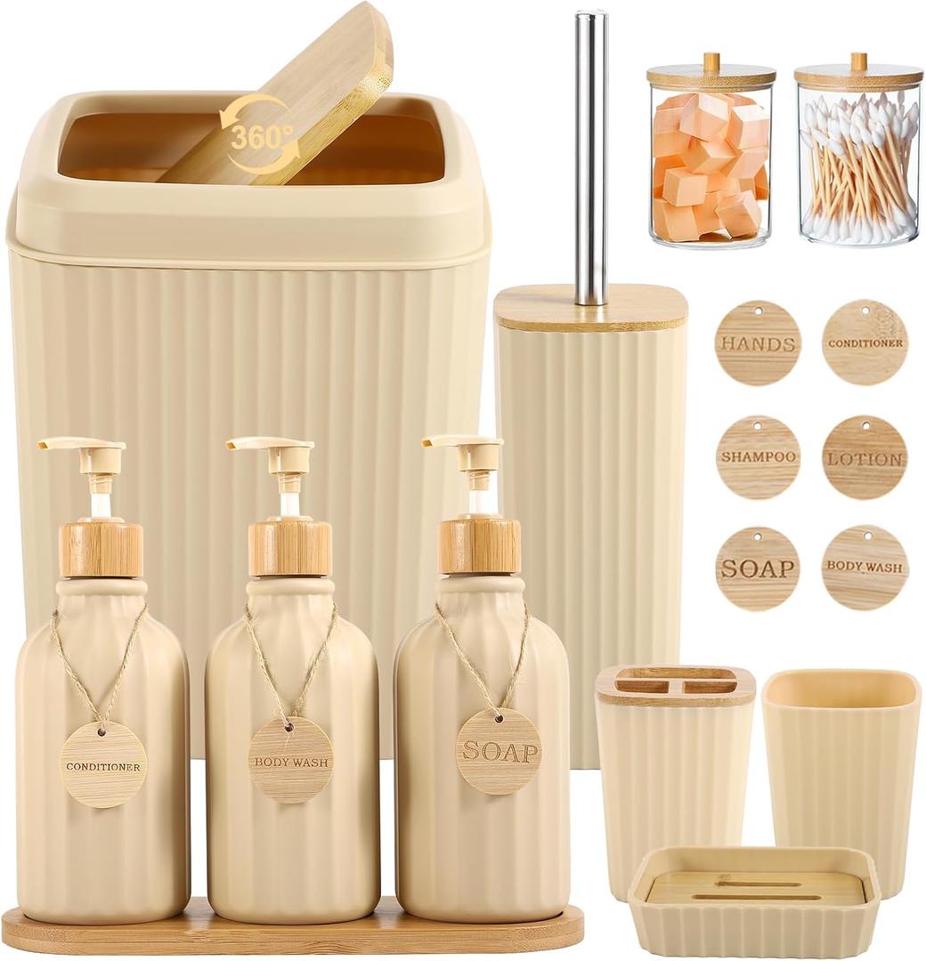 Bathroom Set 17PCS Beige Bathroom Accessories Set Bathroom Sets with Trash Can 3PCS Lotion Soap Dispenser, Toothbrush Holder,6PCS Wood Tags Bathroom Accessories for Kitchen Bathroom