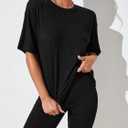 WDIRARA Women's Petite 2 Piece Outfits Ribbed Half Sleeve Tee Top and Biker Shorts Set (Black, S)