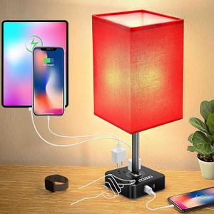 cozoo USB Bedside Table Desk Lamp with 2 USB Charging Ports and 2 Outlets Power Strip,Dimmable Table Lamp with Red Fabric Shade, LED Light for Bedroom/Nightstand
