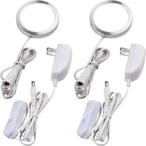 Single Under Cabinet Puck Light, Collection Display Cases Bookshelf Counter LED Lighting, 120V Electric Wired Wall Plug in, On Off Switch, White Cords, 2 Packs, Daylight