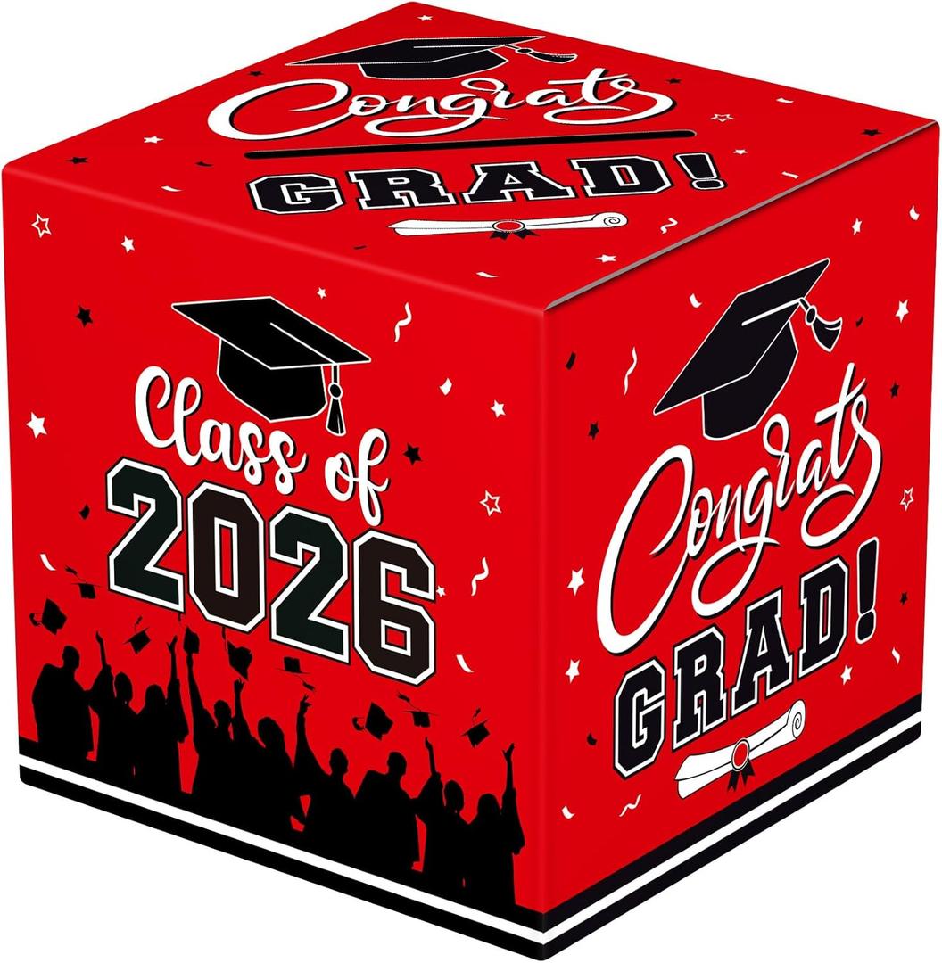 Graduation Card Box 2026 - Congrats Grad Card Boxes Holder, Red Class of 2026 Graduation Gift Cards Box for Graduation Party Decorations 2026 Favors Decor Supplies Props,9x 9 x 9 inches
