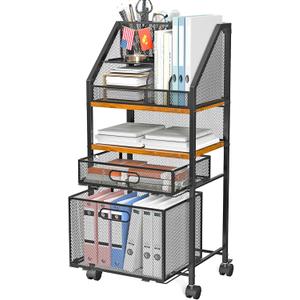 Rolling File Cart with 2 Storage Drawers Multipurpose Book Letter Organizer Carts with Lockable Wheels Wood&Mesh Rolling File Organizer Space-Saving Cart for Office Supplies