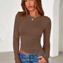 PRETTYGARDEN Womens Long Sleeve Shirts 2026 Fall Trendy Crewneck Slim Fit Asymmetrical Going Out Tops Ruched Tee Y2k Clothes (Brown, XL)