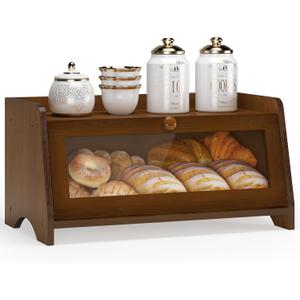 JANSNIMEN Vintage Bread Box for Kitchen Countertop, Large Bread Container Storage, Wooden Farmhouse Bread Box with Window Bread Holder (Brown)