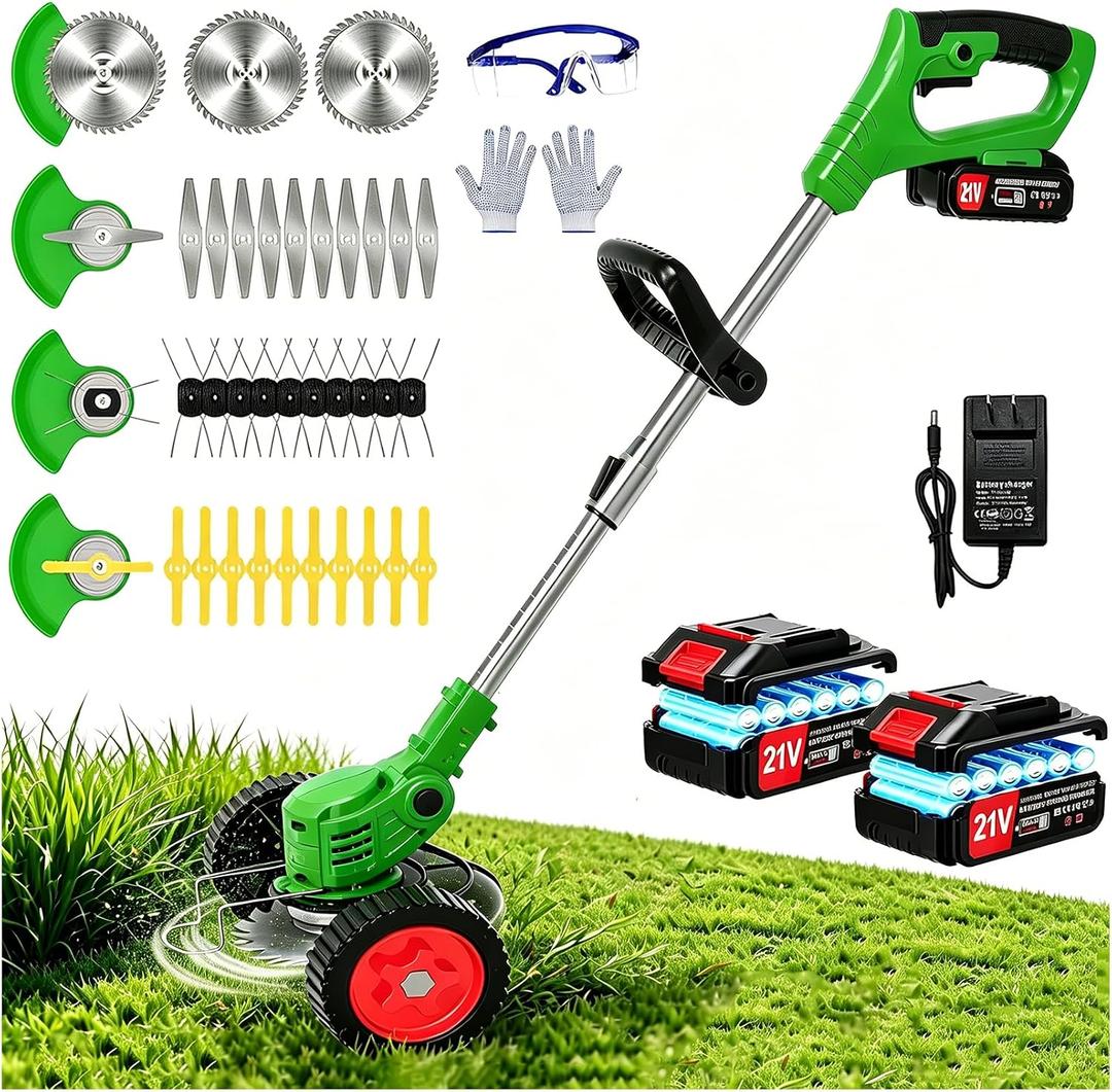 21V Electric Weed Wacker Cordless Weed Eater Battery Powered String Trimmer Battery Operated,3 in 1 Grass Trimmer/Brush Cutter/Lawn Edger, Metal Blades,Wheels, Stringless Weed Trimmer for Garden Yard
