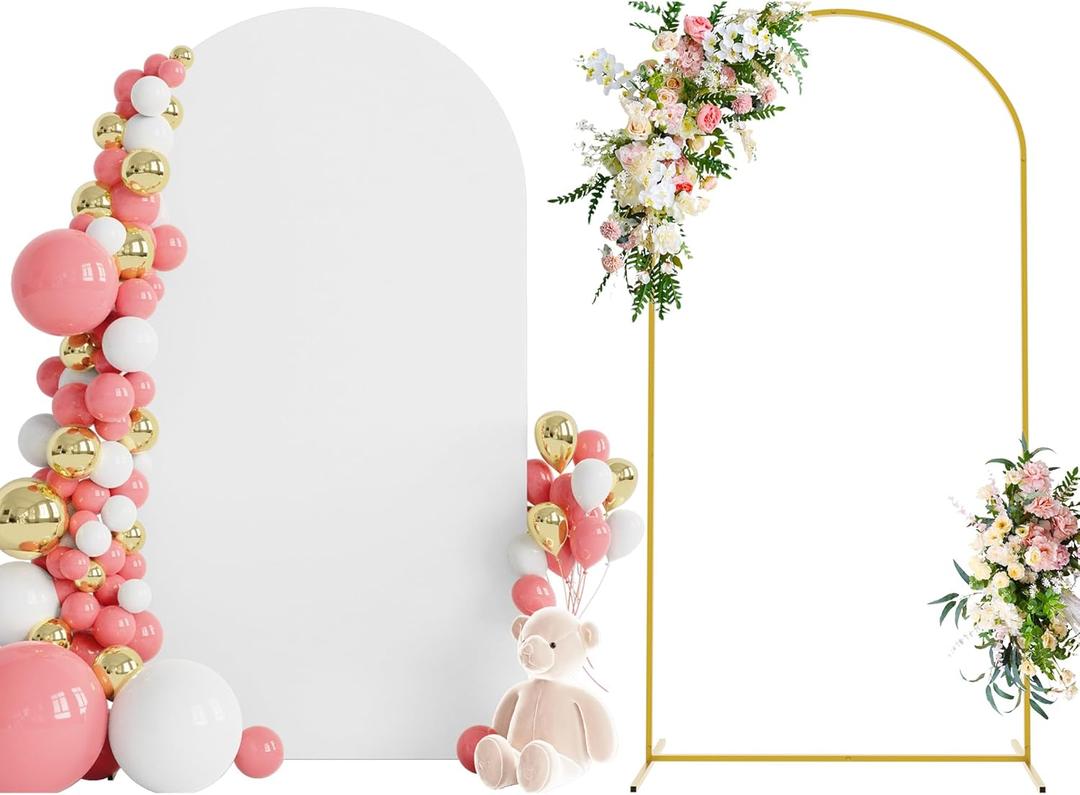 Wokceer 7.2 FT Wedding Arch Backdrop Stand and White Arch Cover, Metal Arch Stand with Arch Stand Cover for Birthday Party Wedding Ceremony Bridal Baby Shower Event Decor 