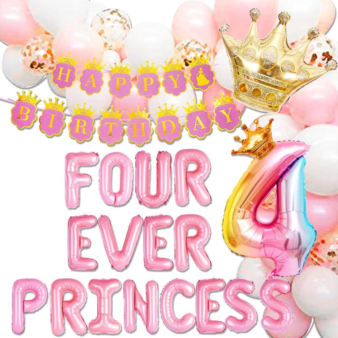 Four Ever a Princess Birthday Decorations Pink Gold Princess Castles Balloon Garland Crown Number 4 Foil Balloons Banner for 4 Years Old Birthday Party Decor Supplies