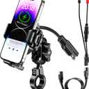 BRCOVAN Motorcycle Phone Mount Handlebar Holder with Qi 15W Wireless Charger & 36W PD/USB C Fast Charging Port, Anti-Theft, with Vibration Dampener, 1s Lock & Release, Camera Friendly, Adjustable Size