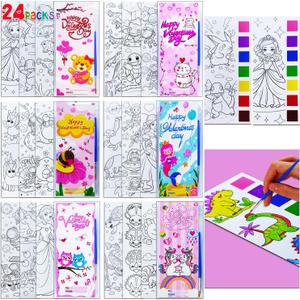 JUNQIU 24 Pack Valentines Day Cards For Kids School, Watercolor Coloring Book Set, Valentines Day Gifts For Kids Classroom Exchange, Paint Party Favors Valentines Crafts