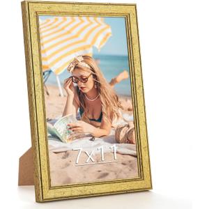 Wood 7x11 Frame Gold, Ornate Natural Wooden 11x7in Picture Frames, Modern Golden 7 x 11inch Gallery Photo Pic Frame with HD Plexiglass, Horizontal Vertical Wall Mounting Tabletop Display 1Pcs
