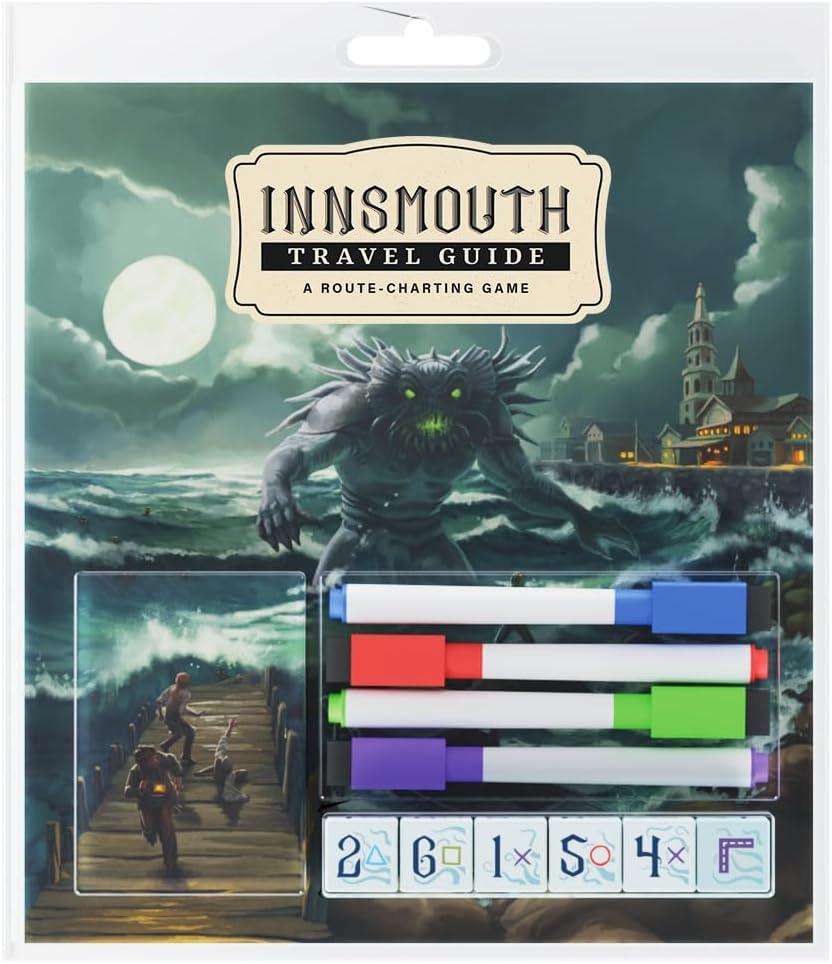 CrowD Games | Innsmouth Travel Guide | 1-4 Players | Ages 14 and up | Roll and Write | Tourism | Route Building | Lovecraft | Solo Mode Included | Average Playtime 30 min, 9.4 x 1 x 0.1 inches