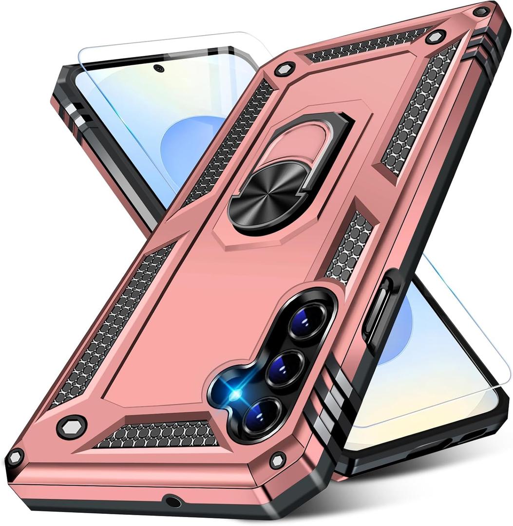 Heavy Duty Case for Samsung Galaxy S25 Phone Case with Screen Protector, Military Grade Shockproof Rugged Protective Cover for Samsung S25, with Metal Ring Magnetic Kickstand (Pink)