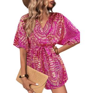 Women's V-Neck Wrap Around Cinched Waist Floral Print Jumpsuit, Suitable For Beach Vacation (Pink, S)