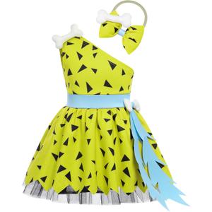 Bamm Bamm Costume Baby Boy Girl Caveman Cavegirl Outfit Halloween Fancy Dress Up Photo Shoot (5-6T, Yellowish Green)