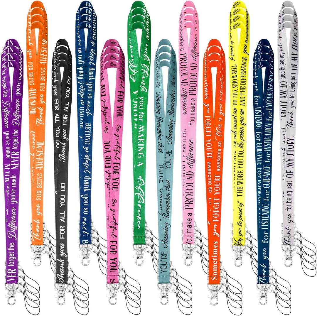 48 Pcs Thank You Gifts Lanyard Bulk for ID Badge Employee Appreciation Gift Keychain Inspirational Lanyards for Teacher (Solid Color)