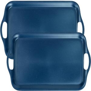 KINGEN 2-Pack Navy Blue Bamboo Fiber Serving Trays - 18×13-inch Extra Large w/Handles Tray, Platters for 4th of July, Christmas, BBQ, Picnic, Outdoor Dining - Durable, Lightweight (Classic Blue)