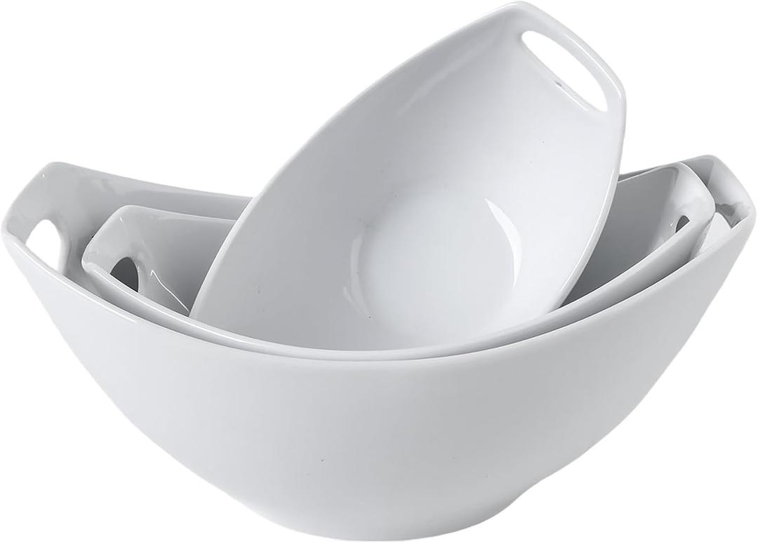 3 Piece Serving Bowls with Handle, Porcelain Serving Dishes, for Entertaining, Party, Housewarming, Christmas, Baby Shower, Microwave, and Dishwasher Safe, 15/28/47 oz, White