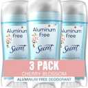 Secret Aluminum Free Deodorant for Women, 48hr Odor Protection, Free of Parabens Dyes Talc & Baking Soda, PH Balancing Minerals, Dry Solid, Cherry Blossom Scent, 2.4 oz (Pack Of 3)