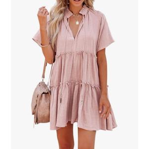 Dellytop Womens Drawstring V Neck Dress Ruffle Tiered Short Sleeve Babydoll Tunic Swing Sundresses S/M