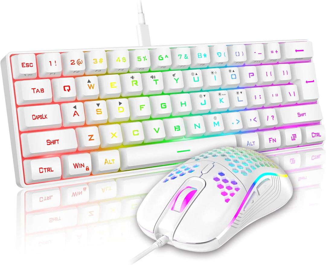 RedThunder 60% Mini Gaming Keyboard and Mouse Combo, Lightweight, Ultra-Compact 61 Keys RGB Backlit,7200 DPI Honeycomb Optical Mouse, Wired Gaming Set for PC MAC PS5 Xbox Gamer (White)