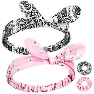 Hoteam 2 Set Bandana Headband and Scrunchies for Women and Girls, Elastic Paisley Headbands Paisley Bandana Hair Tie Knot Retro Adjustable Headwrap(White,Pink)