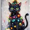 MNFGMH Black Cat Christmas Tree Canvas Painting Merry Christmas Cute Cat Poster Funny Xmas Home Decor Holiday Gift For Christmas Canvas Roll 16x24 inch (Color4-Unframed)