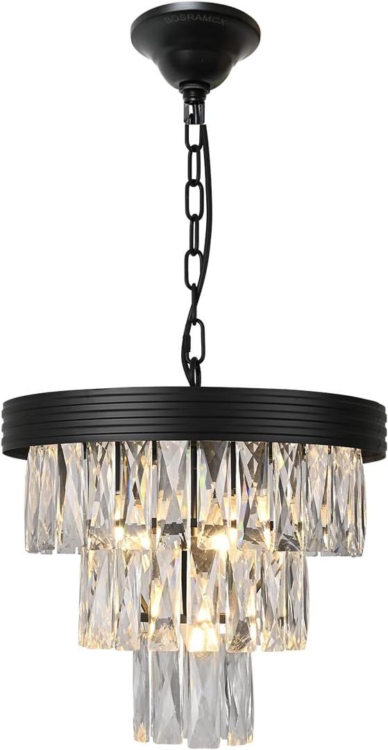 13.8" Black Crystal Chandelier 4-Light Modern Crystal Pendant Ceiling Light Fixture 3-Tier Luxury K9 Crystal Chandeliers,for Dining Room Kitchen Island Living Room Bedroom