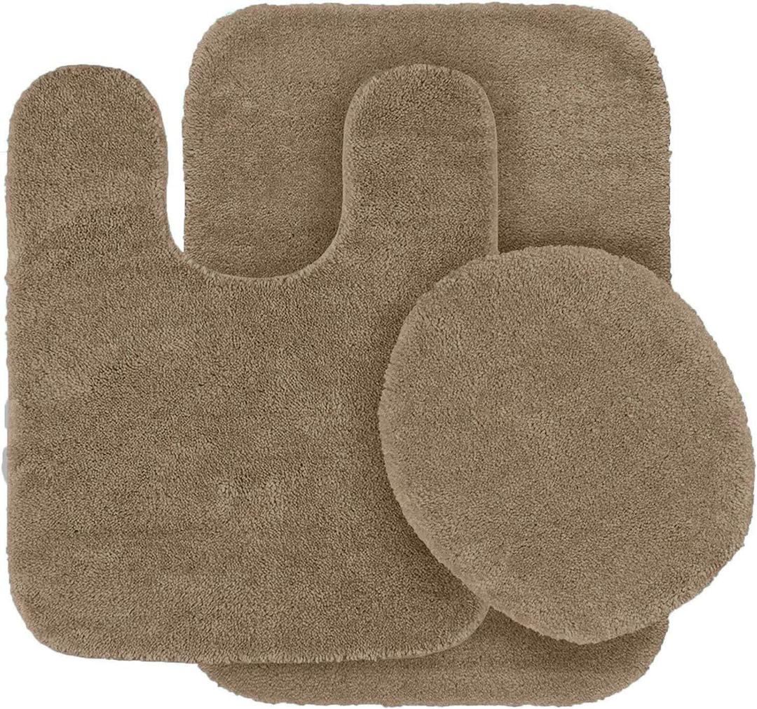 Fancy Linen 3pc Solid Non-Slip Bath Mat Set Bathroom U-Shaped Contour Rug, Mat and Toilet Lid Cover New # 6 (Taupe)
