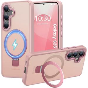 HuwaiH Magnetic Stand for Samsung Galaxy S25 Case, Military-Grade Protection, Anti-Fingerprint Anti-Scratch Translucent Matte Phone case for Samsung Galaxy S25(Pink)