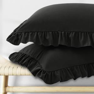 KKJIAF Ruffle Pillow Cases Standard Size Set of 2, Ruffled Pillow Covers with Envelope Closure, Wrinkle Resistant Pillowcases 20" x 26", Ruffled Pillow Shams, Black