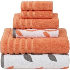 Modern Threads Organic Vines 6-Piece 100% Cotton Towel Set  Yarn Dyed Jacquard & Solid  Includes 2 Bath Towels, 2 Hand Towels, 2 Washcloths  Absorbent, Quick Dry, Soft & Durable  Orange