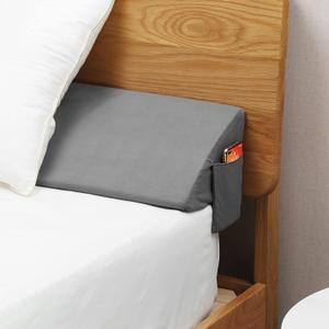 Vekkia Queen Bed Wedge Pillow for Headboard Gap, 06" Gap Filler with Side Pockets & Washable Cover, Gray 60"x10"x6"