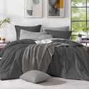 Monbix Queen Comforter Set - 7 Pieces Cationic Dyeing Black Bed in a Bag Queen Bedding Sets with Comforter, Sheets, Pillowcases & Shams, Reversible Bedding Comforters Sets