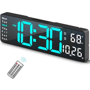 Digital Clock, Digital Wall Clock for Living Room Decor, Desk Alarm Clock for Bedroom, Large Wall Clock with Remote Control, Automatic Brightness Dimmer LED Clock with Date Temperature Week (Blue-B)