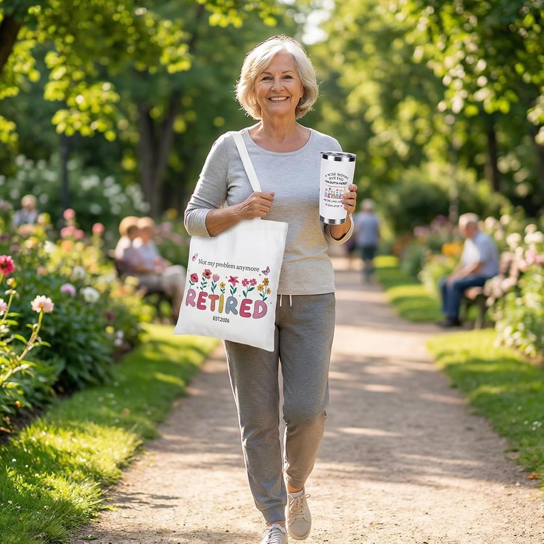 Retirement Gifts for Women 2025, Happy Cool Retire Present with Funny Retired Gifts, Best Retirement Gift for Coworker Teacher Nurses Friends Mom Grandma Retirees, 20oz Tumbler Canvas Tote Bag